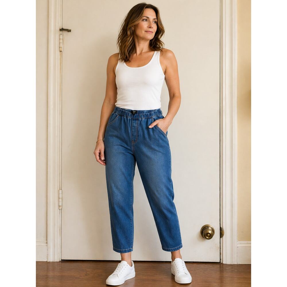 LR1204 Ellos Womens Denim Pull On Jeans Size 18 Elastic Waist Cropped Blue
